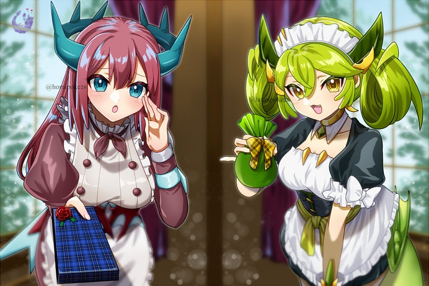 laundry dragonmaid, parlor dragonmaid, kitchen dragonmaid, and dragonmaid nudyarl (yu-gi-oh!) drawn by homi28