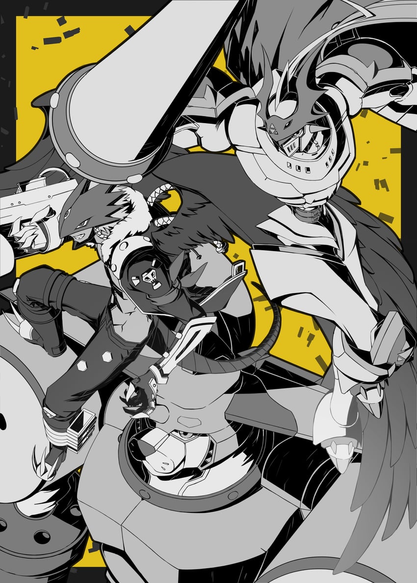 dukemon, beelzebumon, beelzebumon blast mode, and saintgalgomon (digimon and 1 more) drawn by jiyuuya