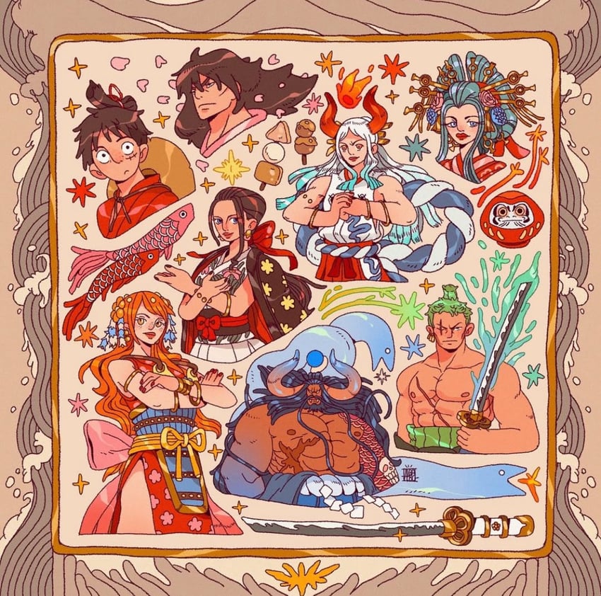 nami, monkey d. luffy, nico robin, roronoa zoro, yamato, and 3 more (one piece) drawn by albabg
