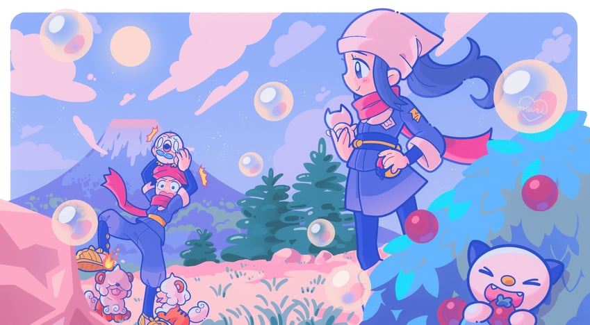 akari, rowlet, oshawott, rei, and hisuian growlithe (pokemon and 1 more) drawn by marikyuunn