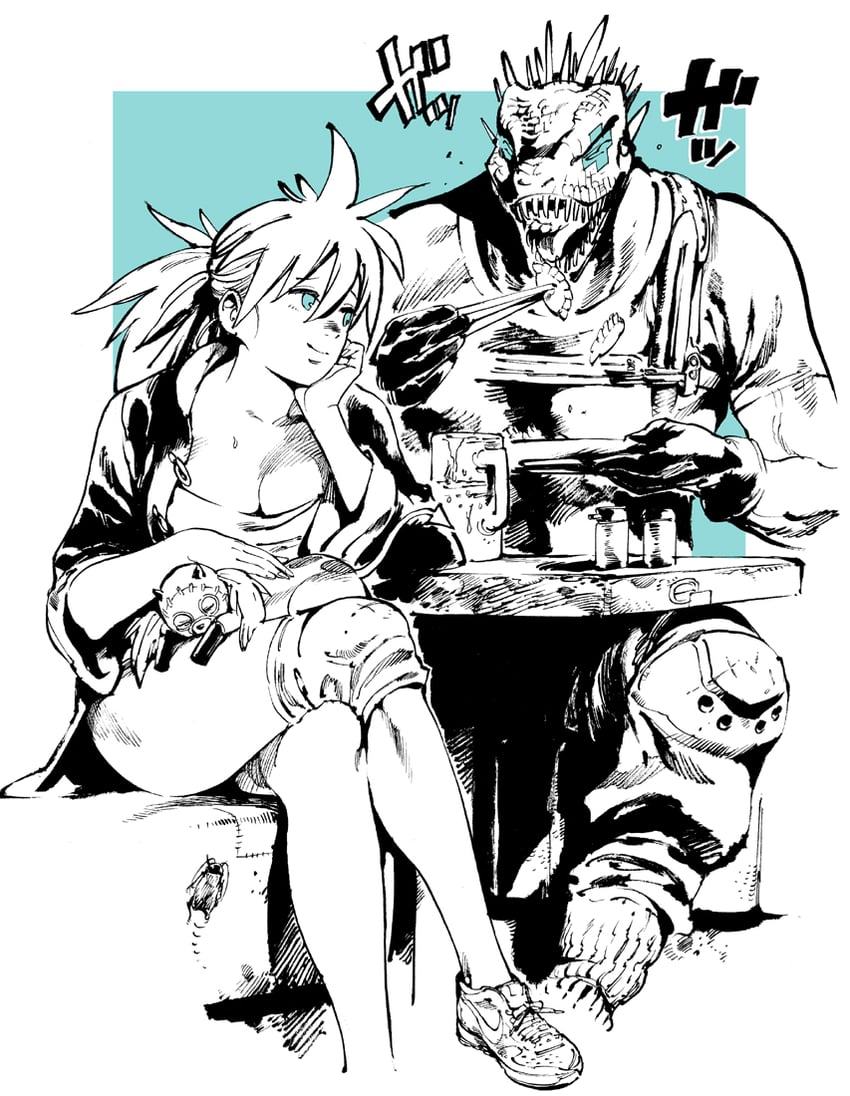 nikaidou, caiman, and kikurage (dorohedoro) drawn by ahn_dongshik