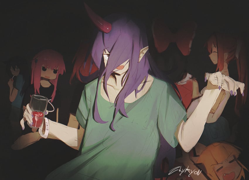 hakurei reimu, ibuki suika, gotoh hitori, kuroki tomoko, monika, and 1 more (touhou and 3 more) drawn by nagilamagykalz