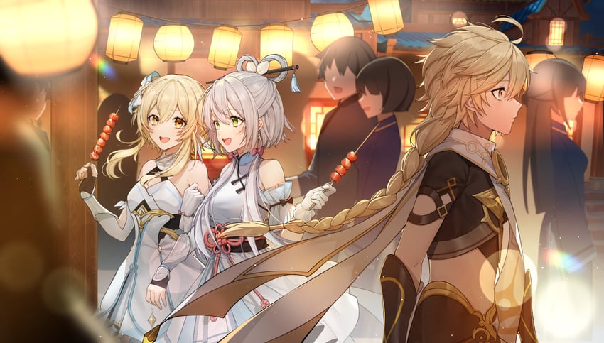 lumine, aether, and luo tianyi (genshin impact and 2 more) drawn by yolanda