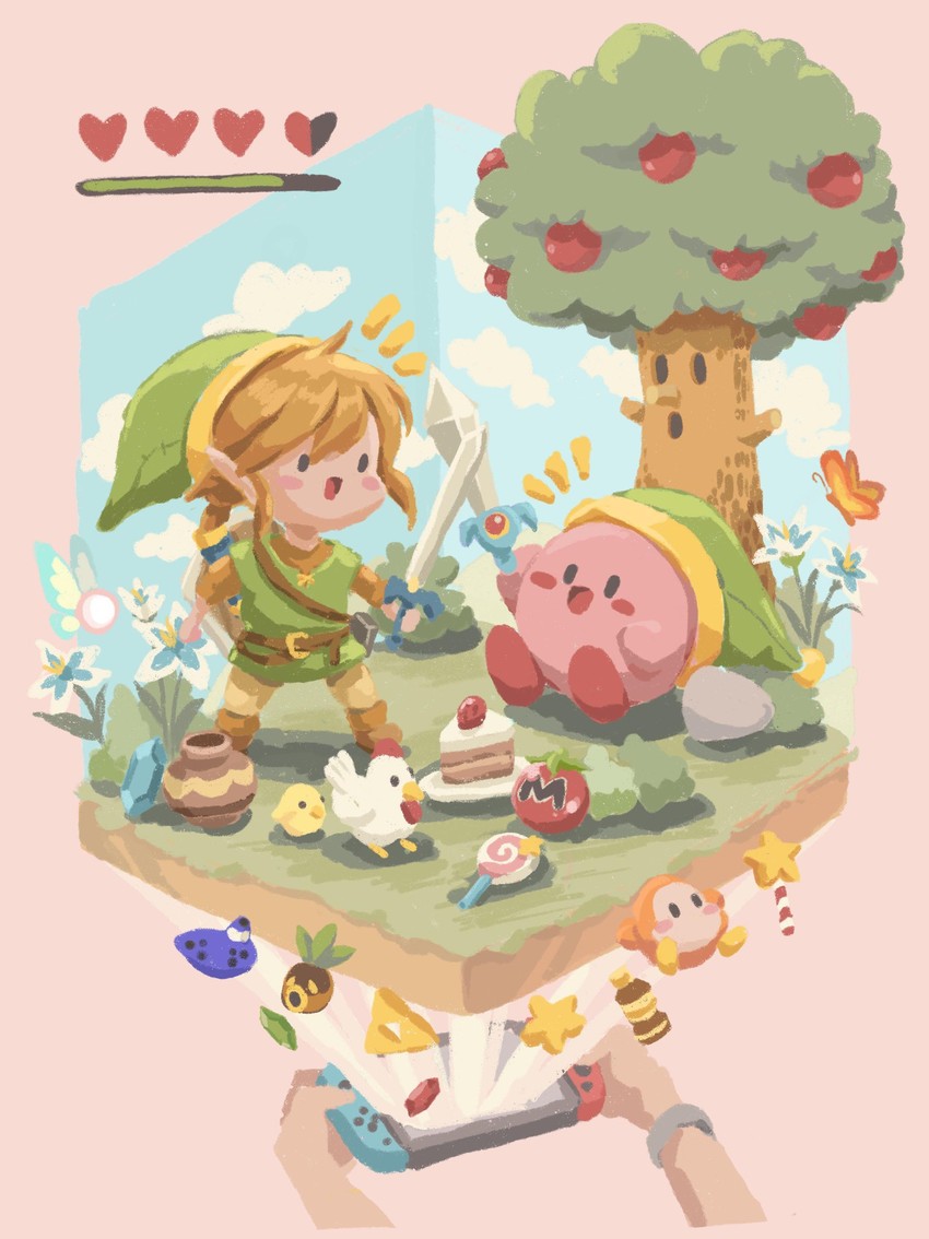 link, kirby, waddle dee, morpho knight, cucco, and 1 more (the legend of zelda and 1 more) drawn by fishcakeys