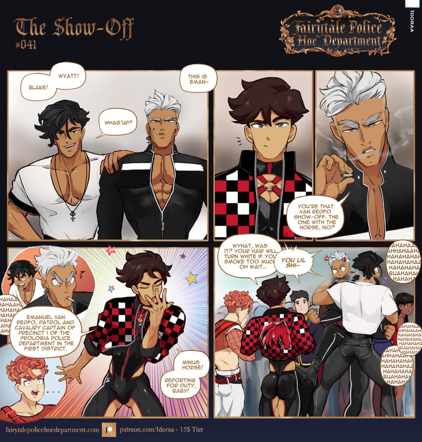 emanuel van redfor, red riding hood, wyatt pnumbra, and blake pnumbra (fairytale police hoe department) drawn by idoraad
