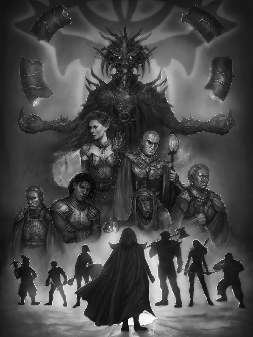 aribeth de tylmarande, nasher alagondar, sharwyn, aarin gend, grimgnaw, and 9 more (dungeons & dragons and 1 more) drawn by dancinfox