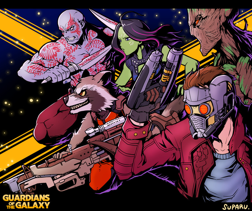rocket raccoon, peter quill, groot, gamora, and drax the destroyer (marvel and 2 more) drawn by suparu_(detteiu)