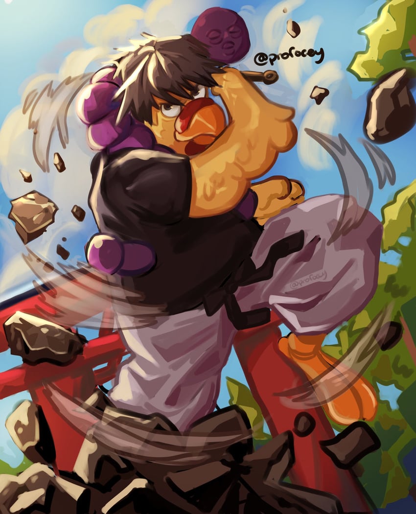 fushiguro touji, inventory curse, and ernie the giant chicken (jujutsu kaisen and 1 more) drawn by profocey