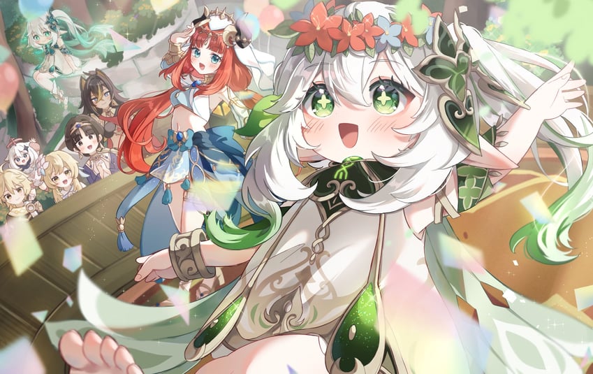 lumine, aether, nahida, paimon, nilou, and 3 more (genshin impact) drawn by nanakusa_yomogi