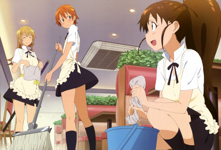 taneshima popura, inami mahiru, and todoroki yachiyo (working!! and 1 more) drawn by adachi_shingo