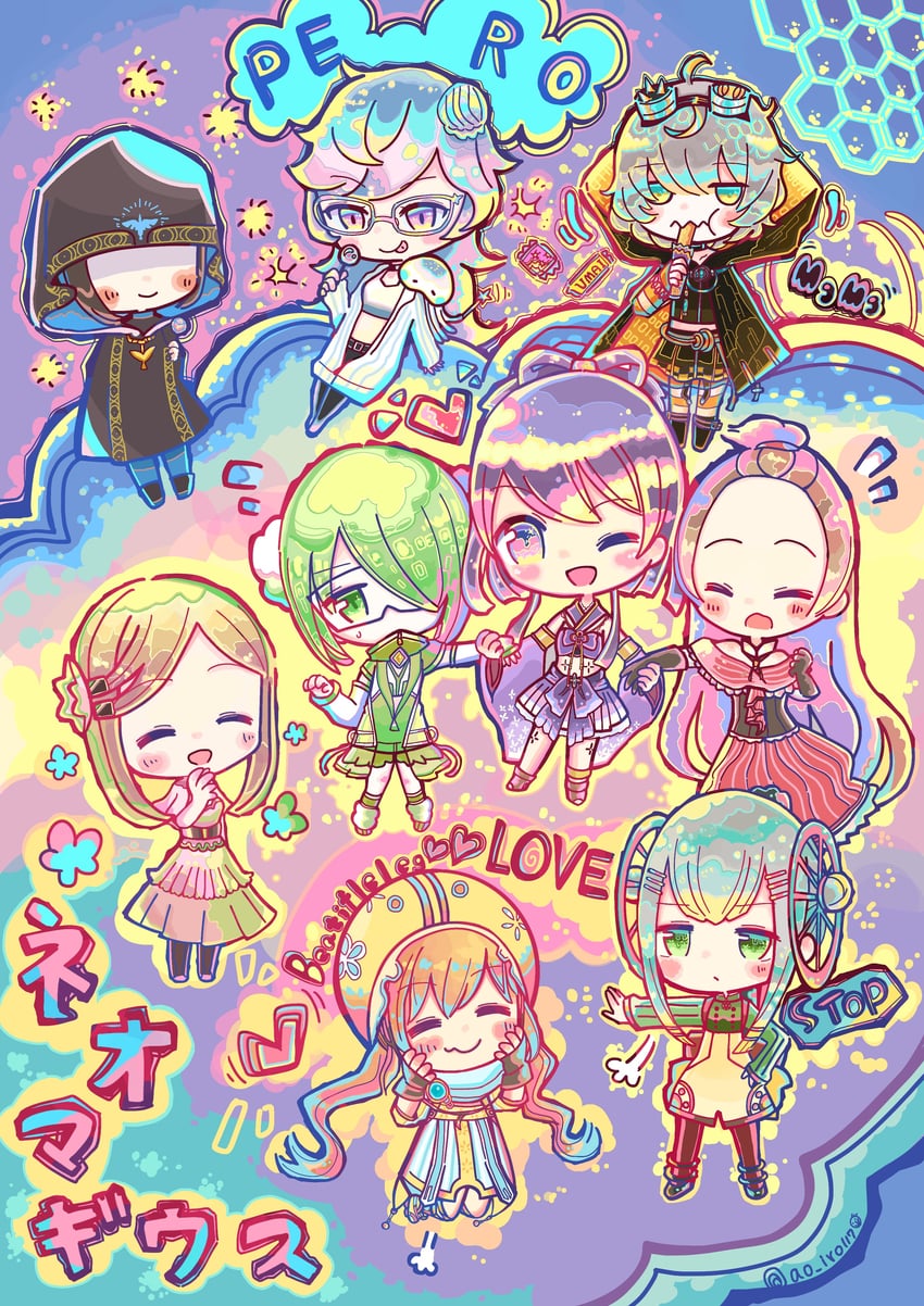 miwa mitsune, aika himena, kazari jun, miyabi shigure, kurusu alexandra, and 3 more (mahou shoujo madoka magica and 1 more) drawn by aoiro117