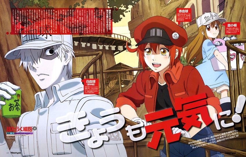 platelet, white blood cell, red blood cell, ae-3803, and u-1146 (hataraku saibou and 1 more) drawn by atelierplatz, hoshi_masaaki, mizuno_aiko, mori_sachiko, toi_kotori, and yoshida_takahiko