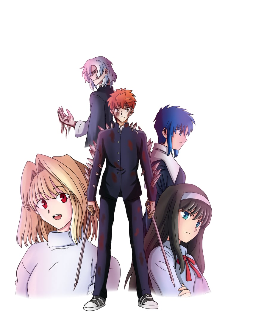 emiya shirou, arcueid brunestud, ciel, tohno akiha, and tohno shiki (fate and 3 more) drawn by deidrax