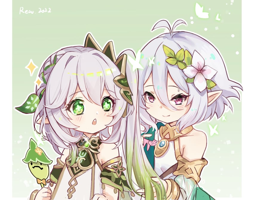 nahida, kokkoro, and aranara (genshin impact and 1 more) drawn by cherilynorz
