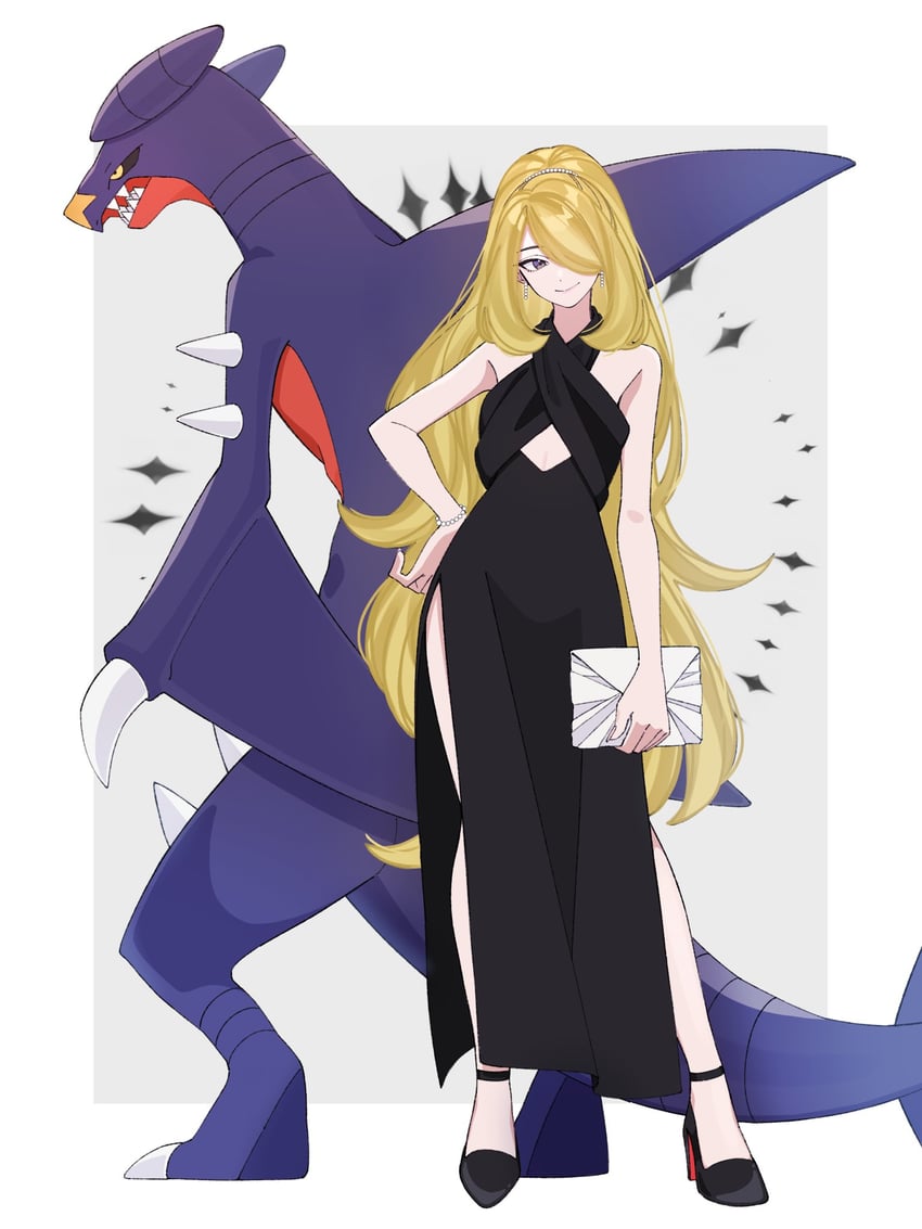cynthia and garchomp (pokemon and 1 more) drawn by kana_(kanna_runa0620)