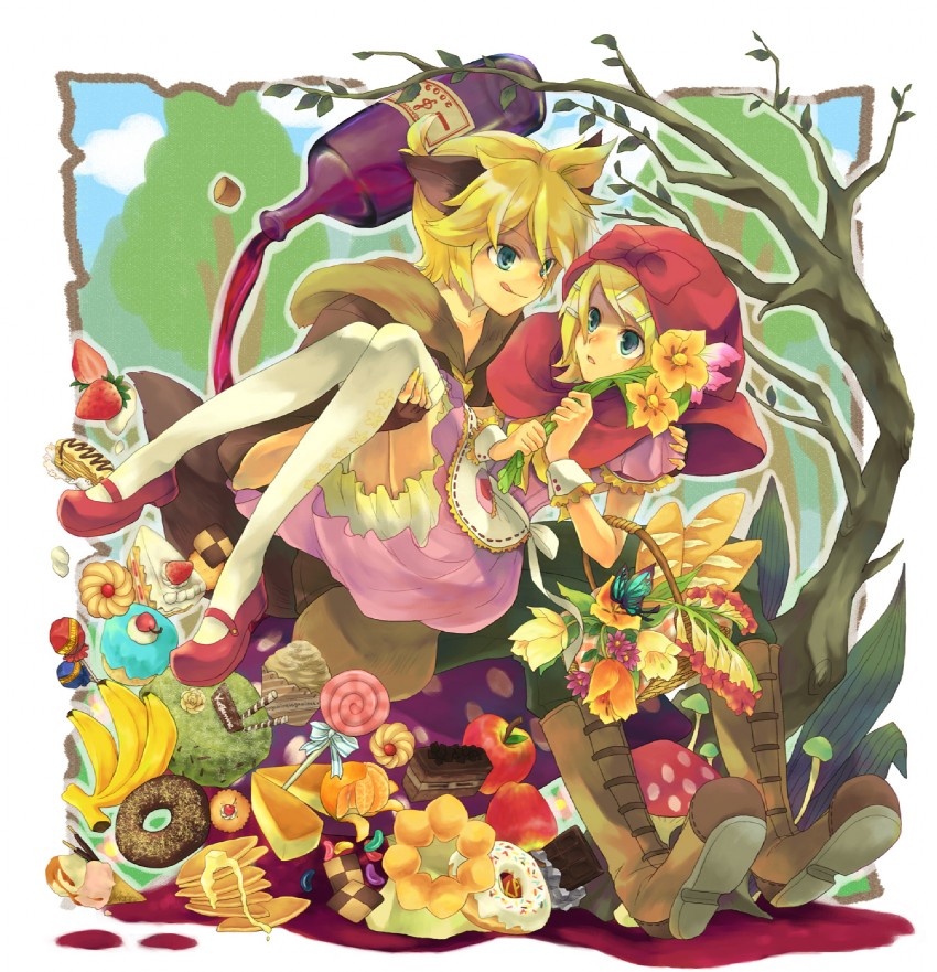 kagamine rin, kagamine len, little red riding hood, and big bad wolf (vocaloid and 1 more) drawn by hana_(mew)