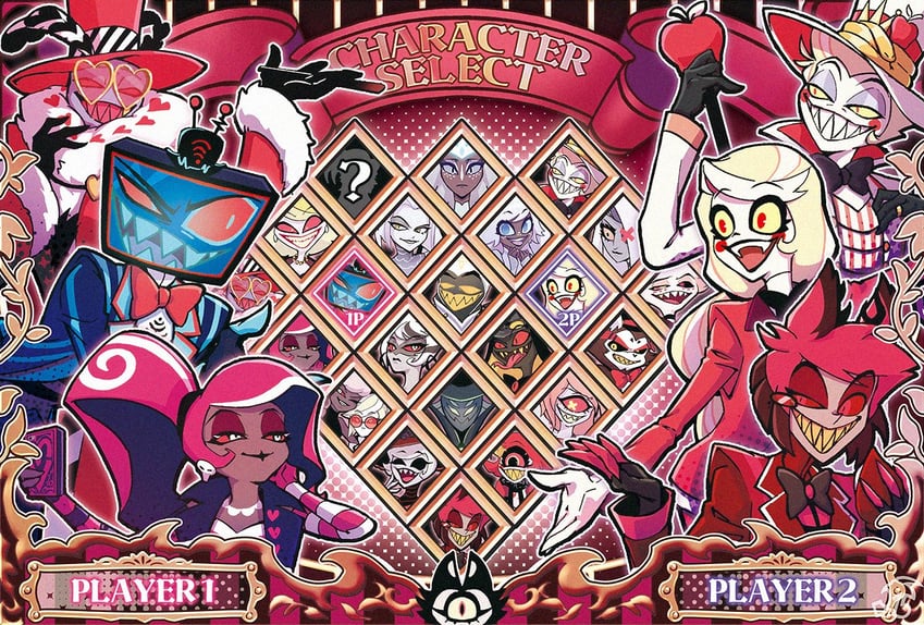 lucifer morningstar, charlie morningstar, alastor, valentino, vaggie, and 17 more (hazbin hotel) drawn by iduhara_jugo
