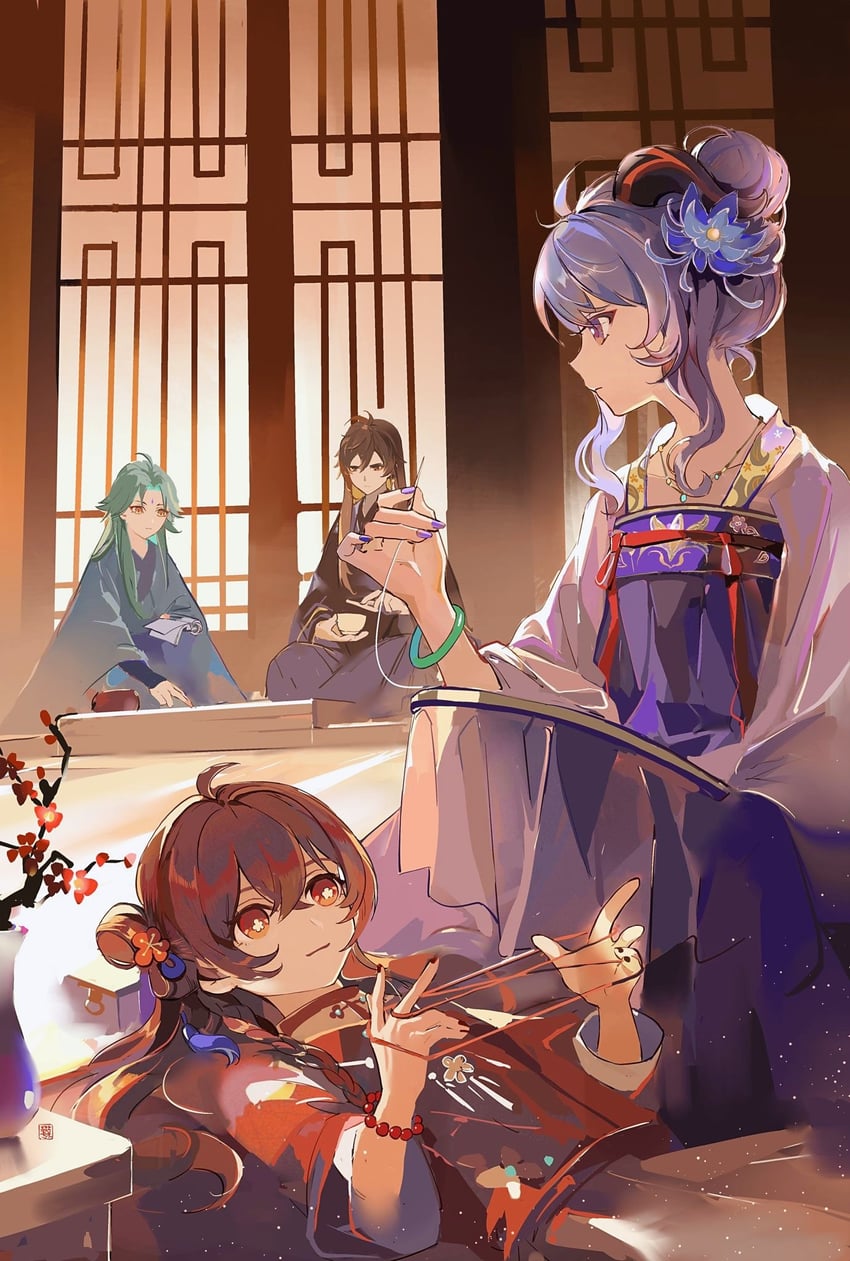 ganyu, hu tao, zhongli, and xiao (genshin impact) drawn by huashengmi