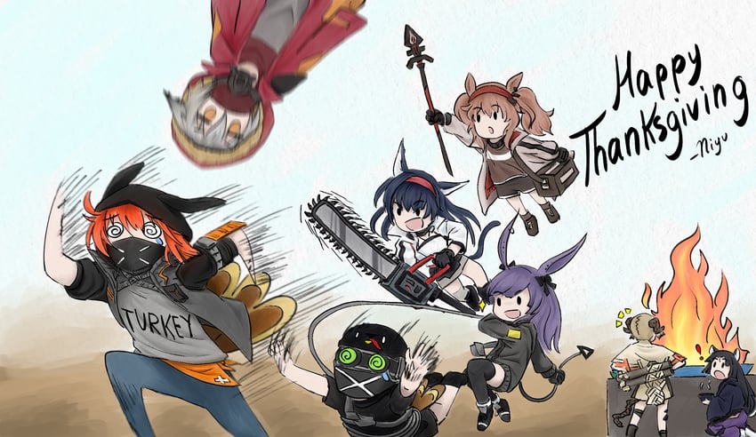 angelina, blaze, ifrit, saga, projekt red, and 3 more (arknights) drawn by lniyu