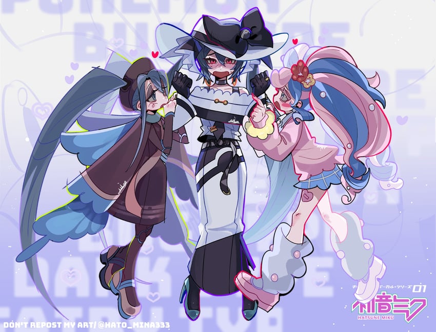 hatsune miku, fairy miku, dark miku, and bug miku (pokemon and 2 more) drawn by 3mia_hadi3