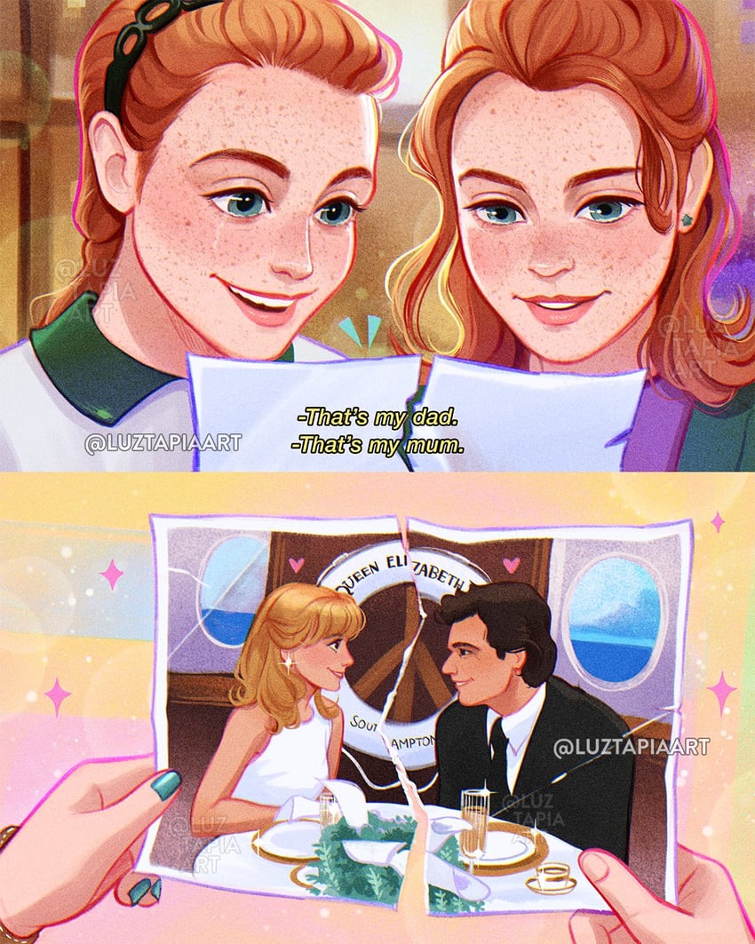 nick parker, hallie parker, elizabeth james, and annie james (the parent trap) drawn by luztapiaart