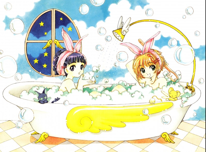 kinomoto sakura, kero, daidouji tomoyo, and suppi (cardcaptor sakura) drawn by clamp_(circle)