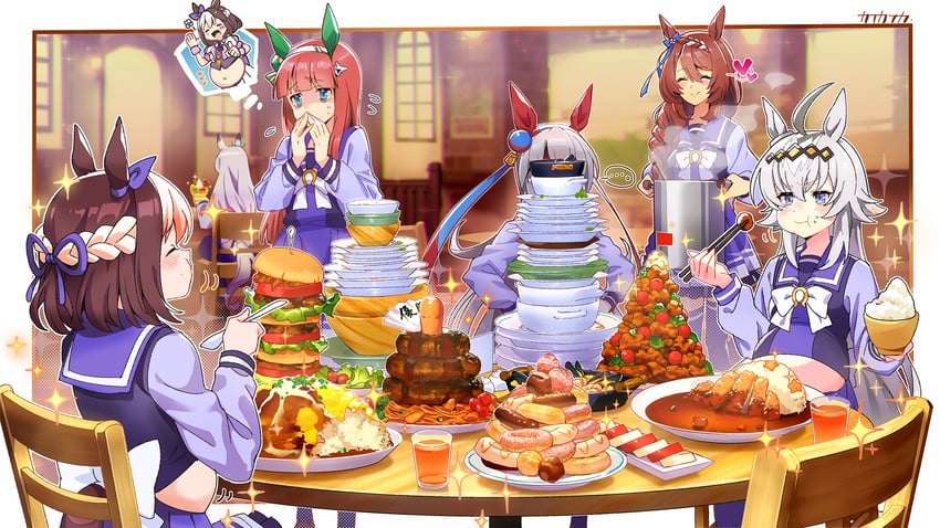 mejiro mcqueen, silence suzuka, special week, oguri cap, tamamo cross, and 1 more (umamusume) drawn by kafuki_fuka