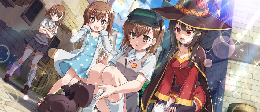 misaka mikoto, megumin, last order, misaka imouto, and chomusuke (toaru majutsu no index and 3 more)