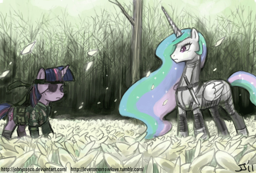 twilight sparkle, naked snake, princess celestia, the boss, and inoue kikuko (metal gear and 3 more) drawn by john_joseco