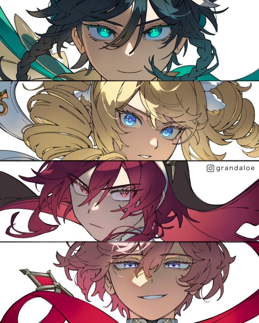 venti, barbara, rosaria, and dahlia (genshin impact) drawn by grandaloe