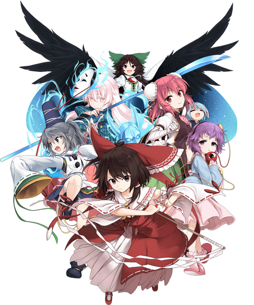 hakurei reimu, komeiji satori, reiuji utsuho, mononobe no futo, hata no kokoro, and 2 more (touhou) drawn by aqua-lia
