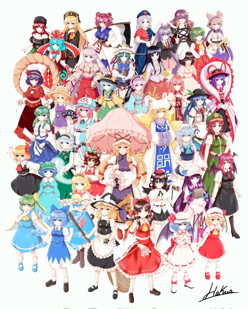 hakurei reimu, kirisame marisa, remilia scarlet, flandre scarlet, izayoi sakuya, and 35 more (touhou) drawn by hakua_illustrat