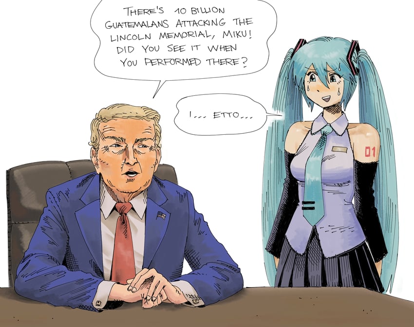 hatsune miku and donald trump (vocaloid and 1 more) drawn by heidi_(heytherenrds)