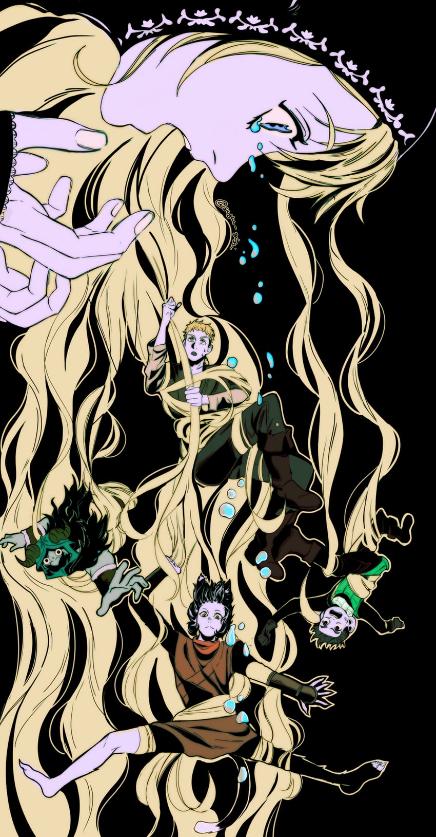 marcille donato, laios touden, senshi, chilchuck tims, and izutsumi (dungeon meshi) drawn by sugar_grigri