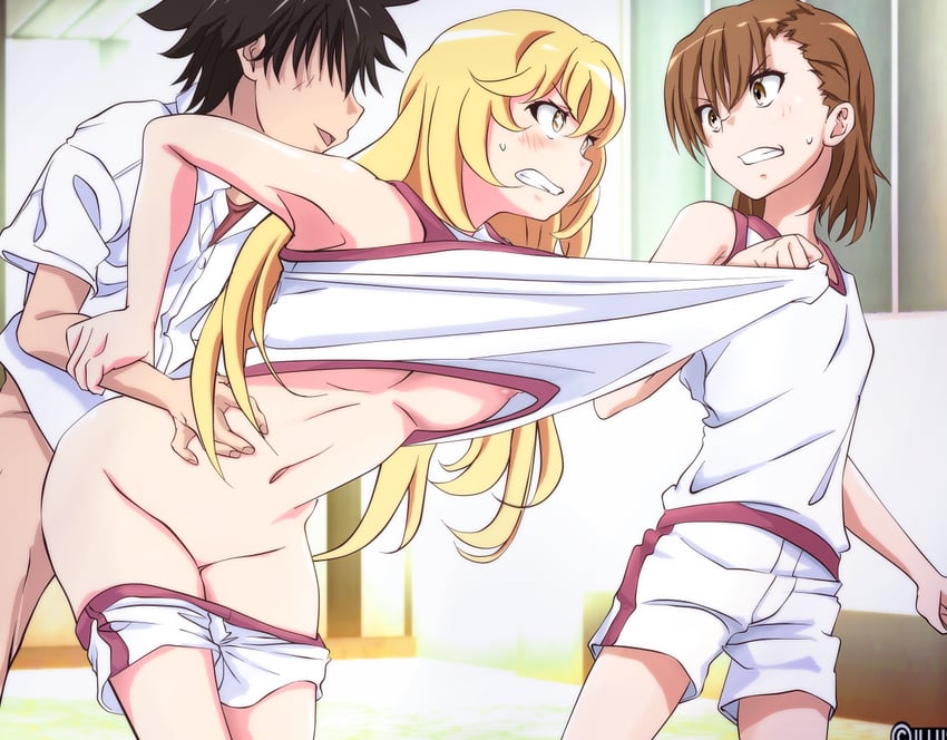 misaka mikoto, shokuhou misaki, and kamijou touma (toaru majutsu no index and 2 more) drawn by chinnen