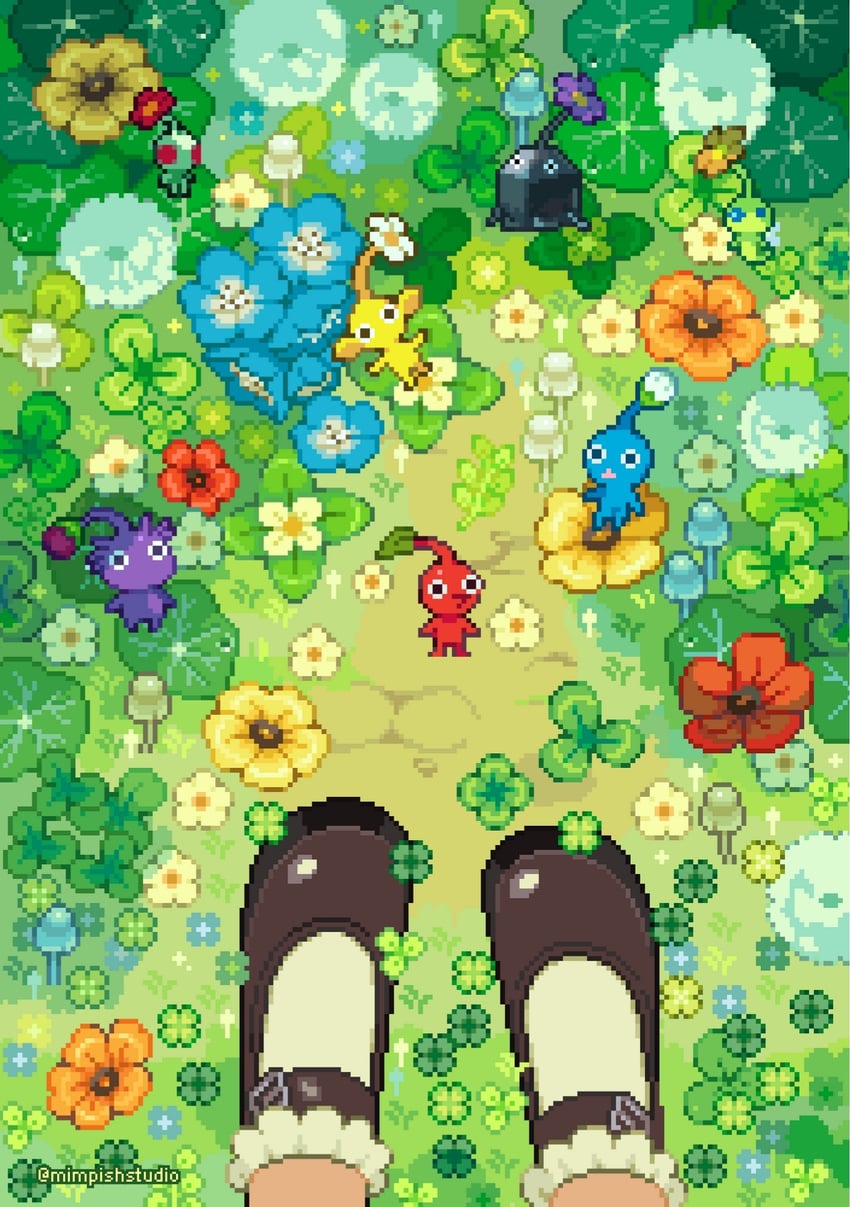 red pikmin, yellow pikmin, blue pikmin, purple pikmin, white pikmin, and 2 more (original and 1 more) drawn by mimpish