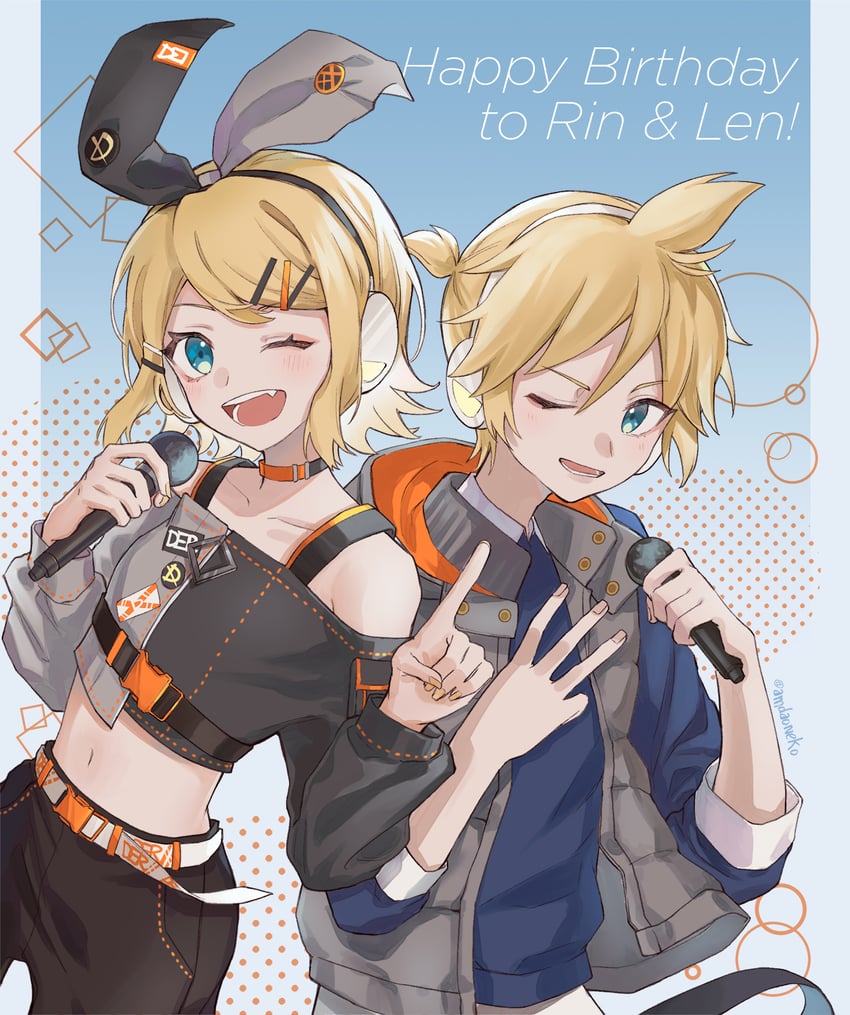 kagamine rin, kagamine len, vivid bad squad len, and vivid bad squad rin (vocaloid and 1 more) drawn by amd_aoneko