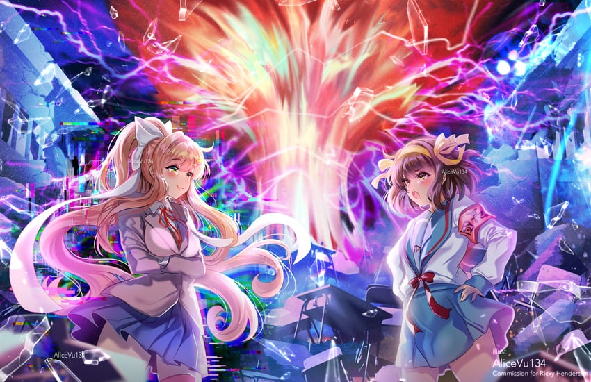 suzumiya haruhi, monika, and celestial (suzumiya haruhi no yuuutsu and 1 more) drawn by alice_vu
