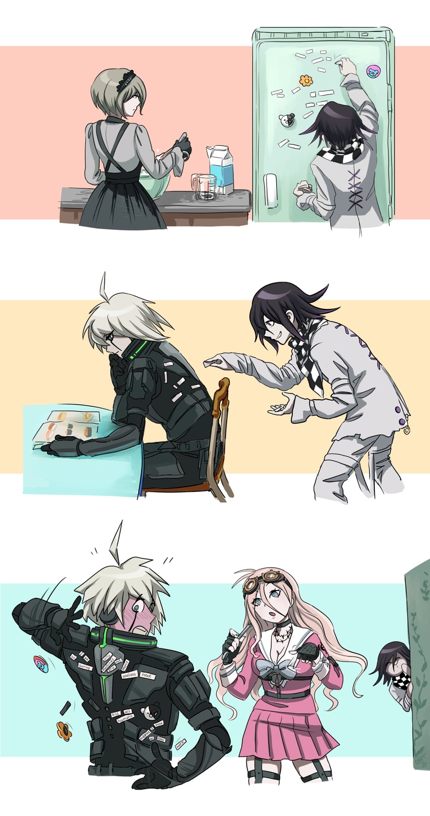 oma kokichi, monokuma, iruma miu, k1-b0, and tojo kirumi (danganronpa and 1 more) drawn by eagerfiend