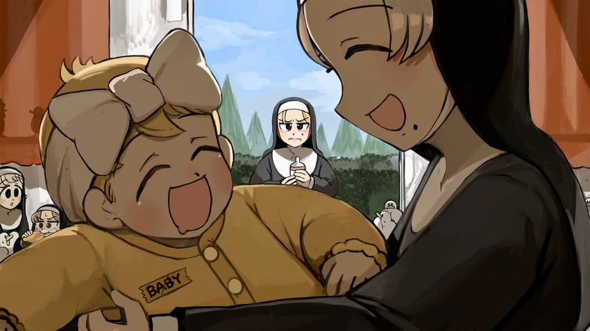 clumsy nun, strict nun, hungry nun, smug nun, and bunny nun (little nuns) drawn by diva_(hyxpk)