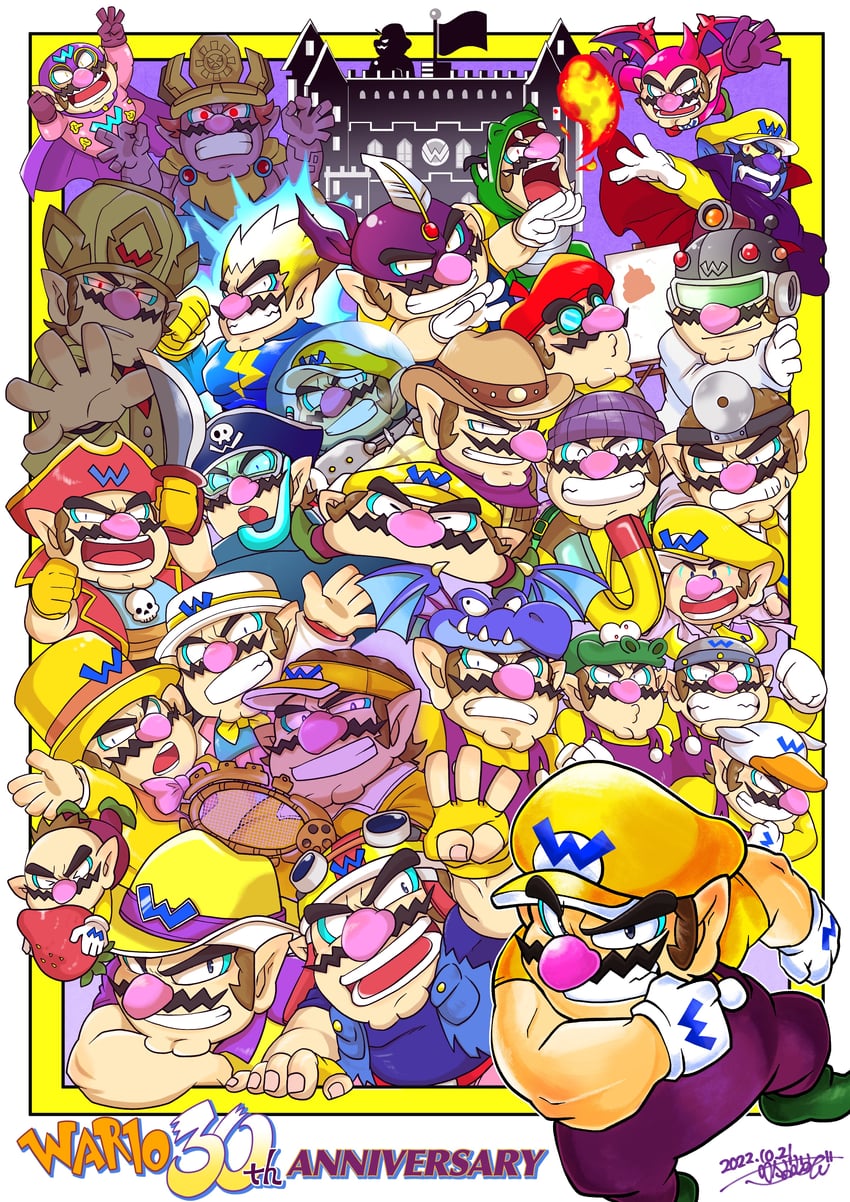 wario, wario-man, baby wario, wario deluxe, bull wario, and 16 more (mario and 19 more) drawn by omu_(sinsindan)