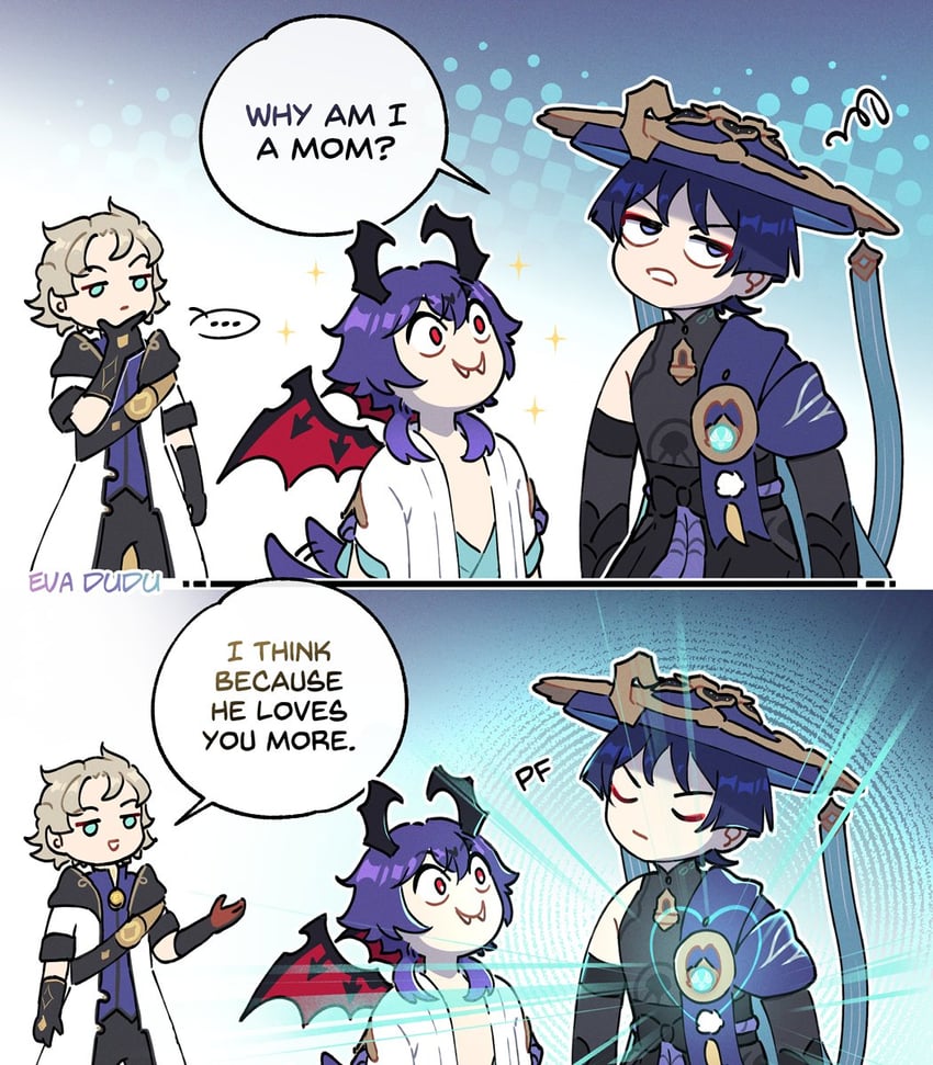 scaramouche, wanderer, albedo, and mini durin (genshin impact) drawn by kakaolikeslegs