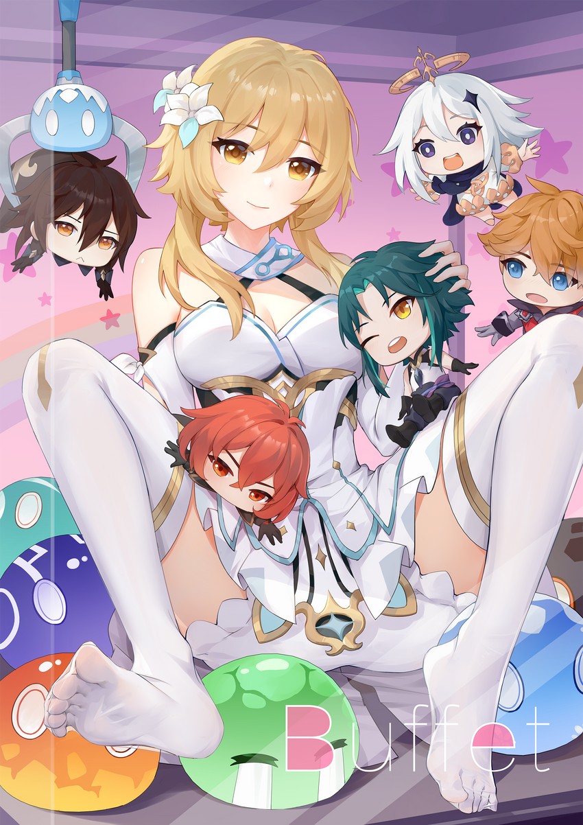 lumine, zhongli, paimon, tartaglia, xiao, and 2 more (genshin impact) drawn by gu_tao