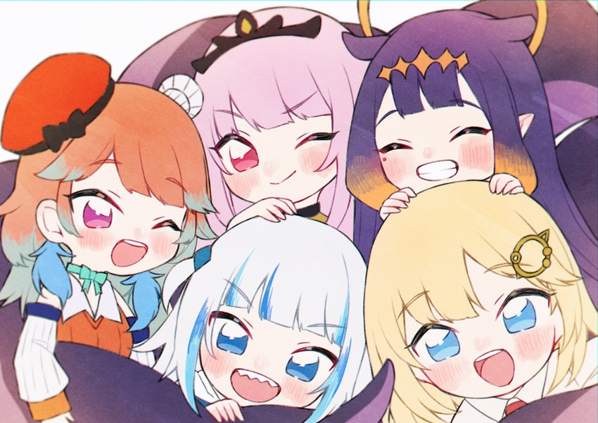 gawr gura, mori calliope, ninomae ina'nis, takanashi kiara, and watson amelia (hololive and 1 more) drawn by neru_(flareuptf1)