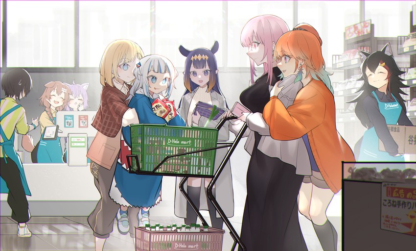 gawr gura, mori calliope, ninomae ina'nis, nekomata okayu, takanashi kiara, and 4 more (hololive and 1 more) drawn by yo-ba_yo