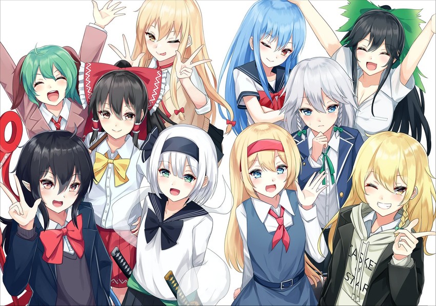 hakurei reimu, kirisame marisa, izayoi sakuya, konpaku youmu, alice margatroid, and 5 more (touhou) drawn by igayan