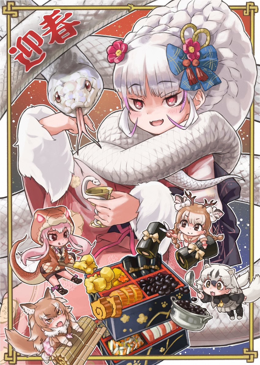 japanese wolf, byakuda, taipan, sika deer, and japanese badger (kemono friends and 1 more) drawn by toriny