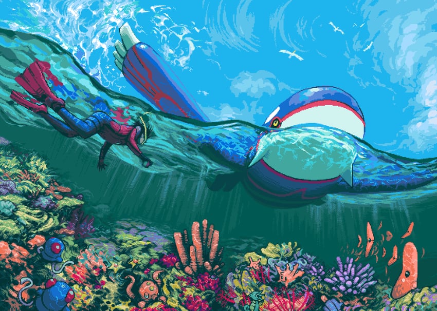 wingull, luvdisc, kyogre, corsola, tentacool, and 1 more (pokemon) drawn by hby_stuff