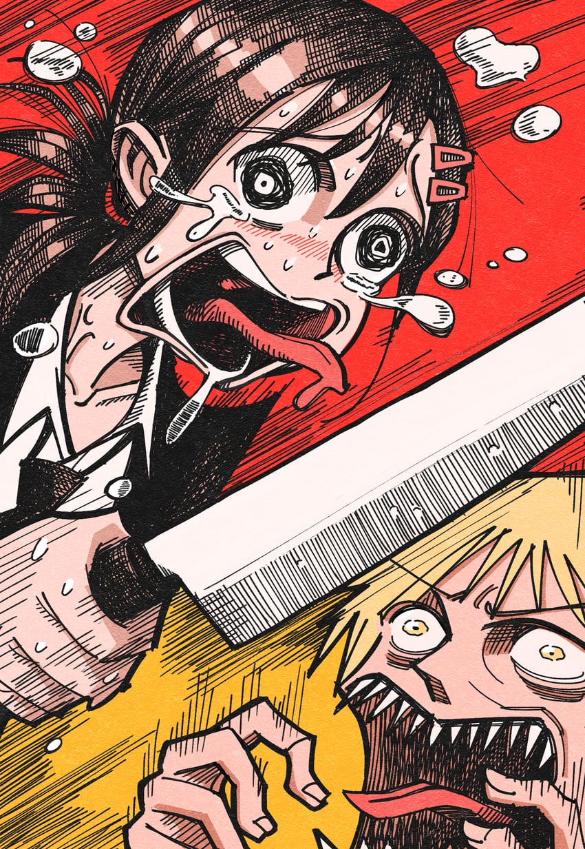 denji and higashiyama kobeni (chainsaw man) drawn by hansoom_(latebirdwakeup)