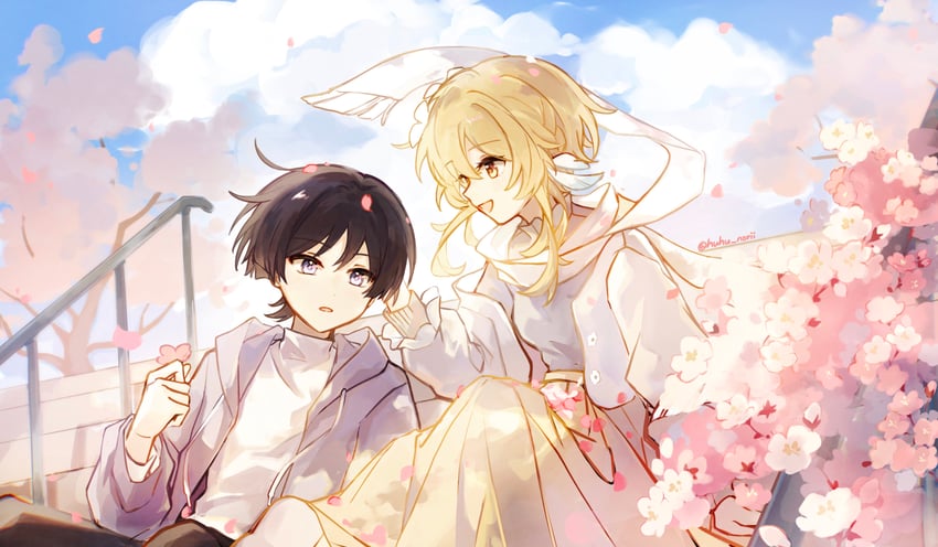 lumine and scaramouche (genshin impact) drawn by huhu_norii